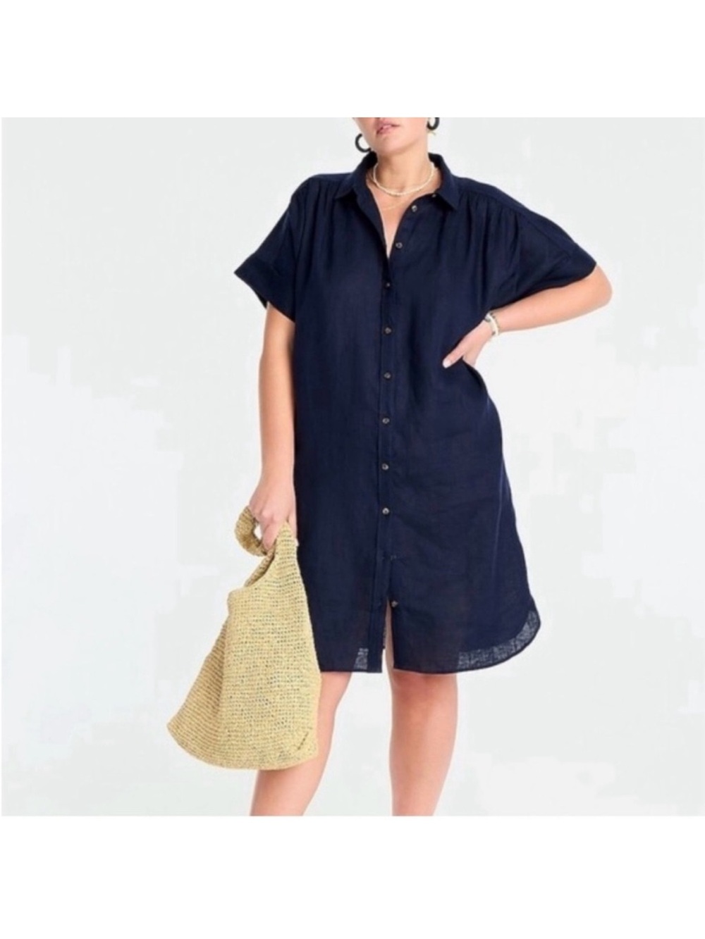 J. Crew Baird McNutt Irish Linen Navy Blue Button-Up Shirt Dress